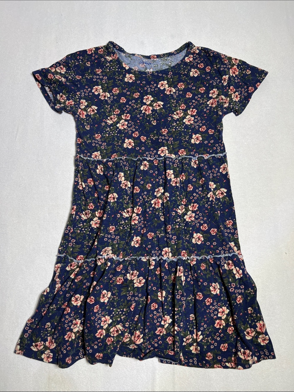 Old Navy Navy Floral Short-Sleeve Tiered Dress
